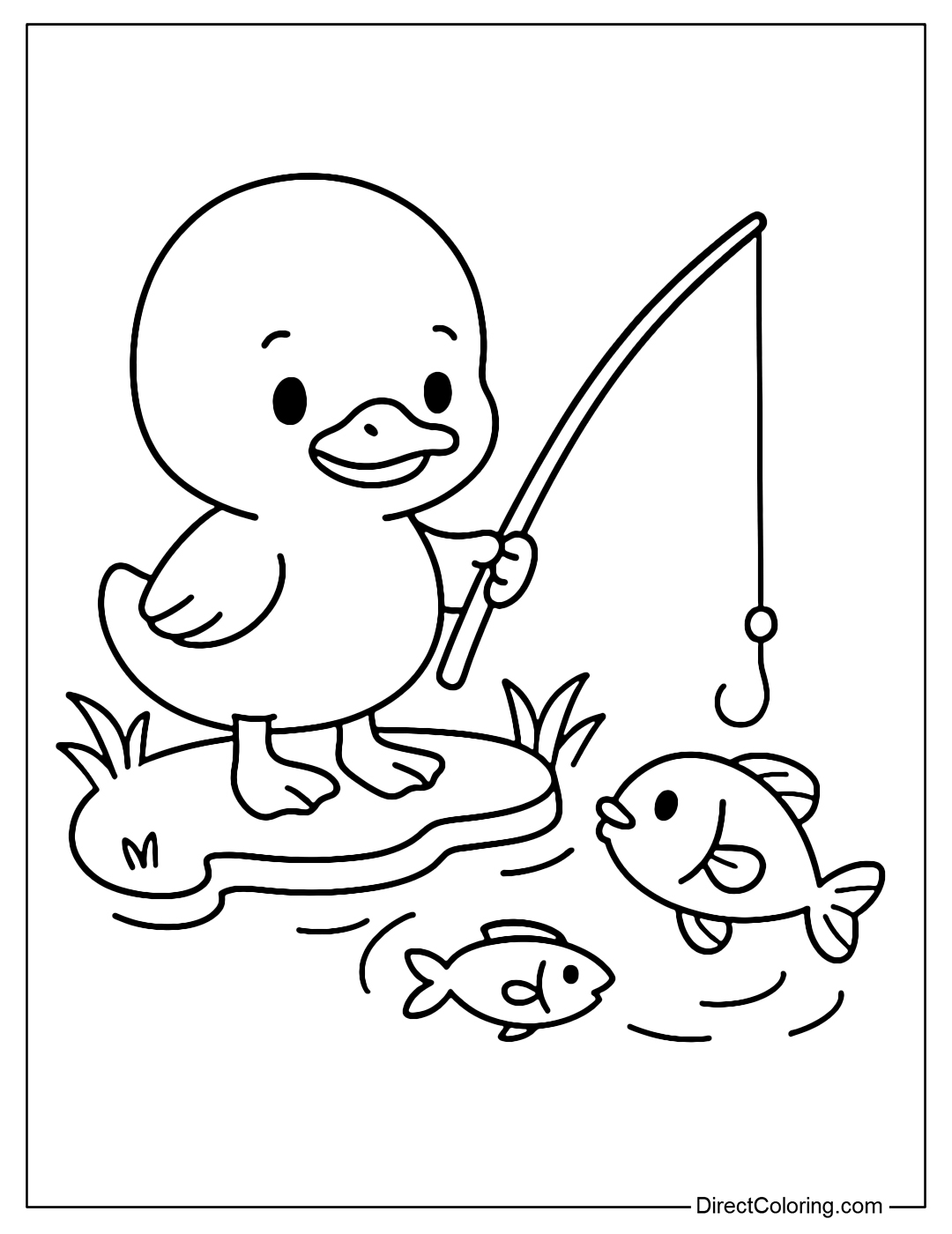 A coloring page of a baby duck holding a small fishing rod, with fish circling near the bait.